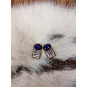 B48 Carolee Clip On Earrings Vintage Gold‎ Tone Faux Lapis Cabochon Statement